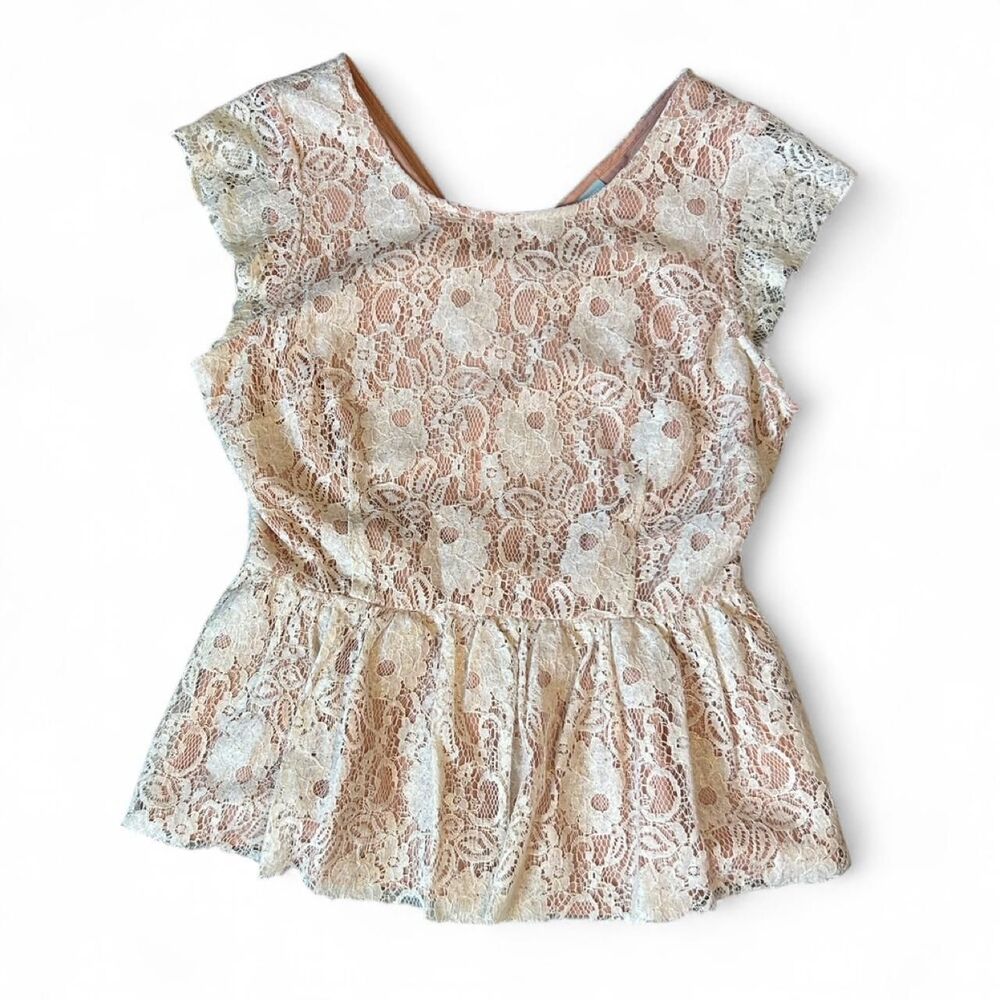 Anthropologie Maeve Solstice Lace Peplum Top Peach Ivory - Small
